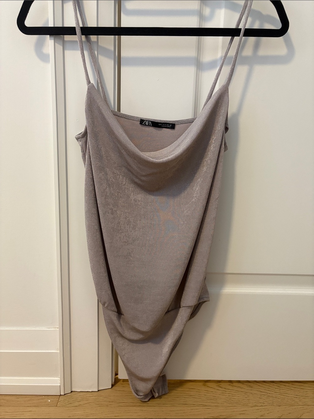 Zara Taupe Cowl Neck Satin Bodysuit